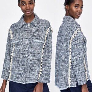 ZARA Oversize Tweed Blue and White Fringe Tassels Blazer Jacket